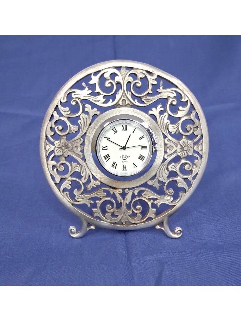 Lenox Kirk Stieff Floral Design Pewter 4” Desk Clock Works Great Pre-owned VTG